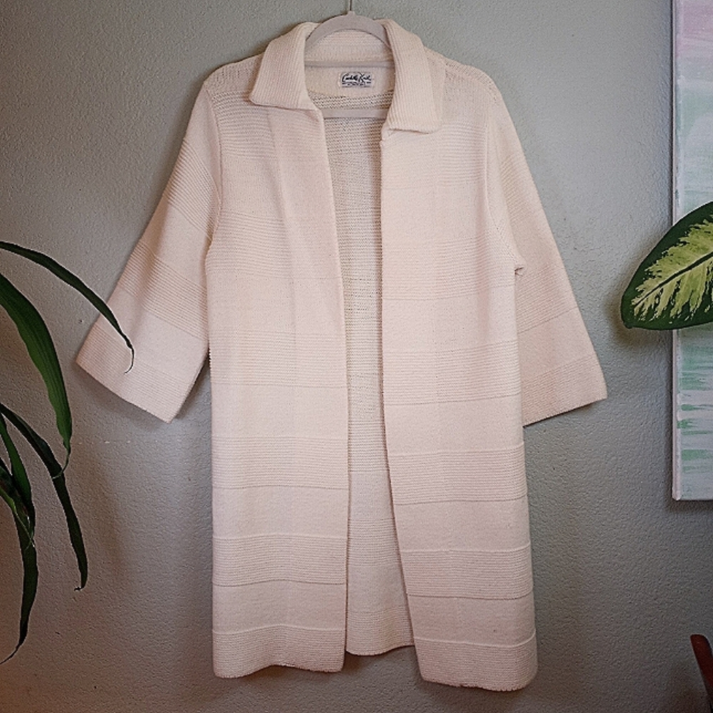 Vintage Cuddle Knit Retro 50s Style Collared White Sweater Open Boho Jacket S M